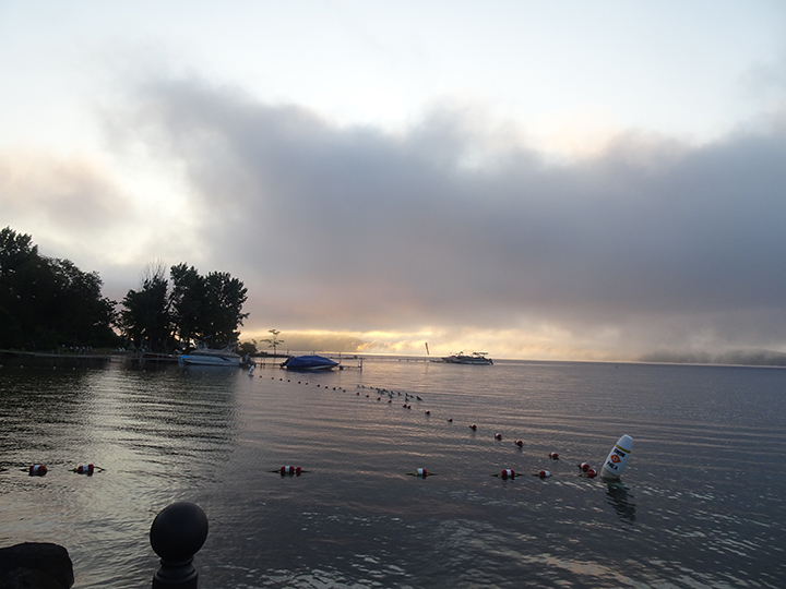 GL 271 Sunrise in fog and 14 Common Mergansers Hague Lake George